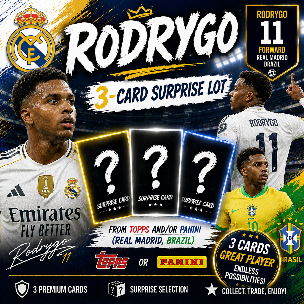 Rodrygo 3-Card Soccer Surprise Lot – Topps and/or Panini Trading Cards – Real Madrid & Brazil – Soccer Card Collectible