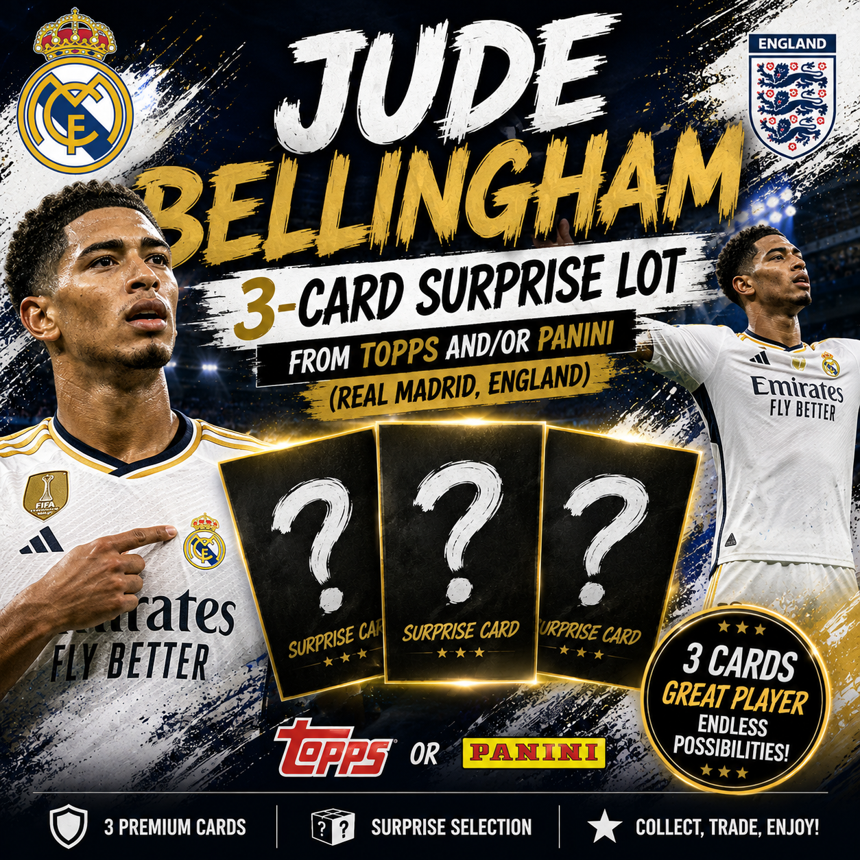 JUDE BELLINGHAM - 3-Card Surprise Lot from Topps and/or Panini - (Real Madrid, England)