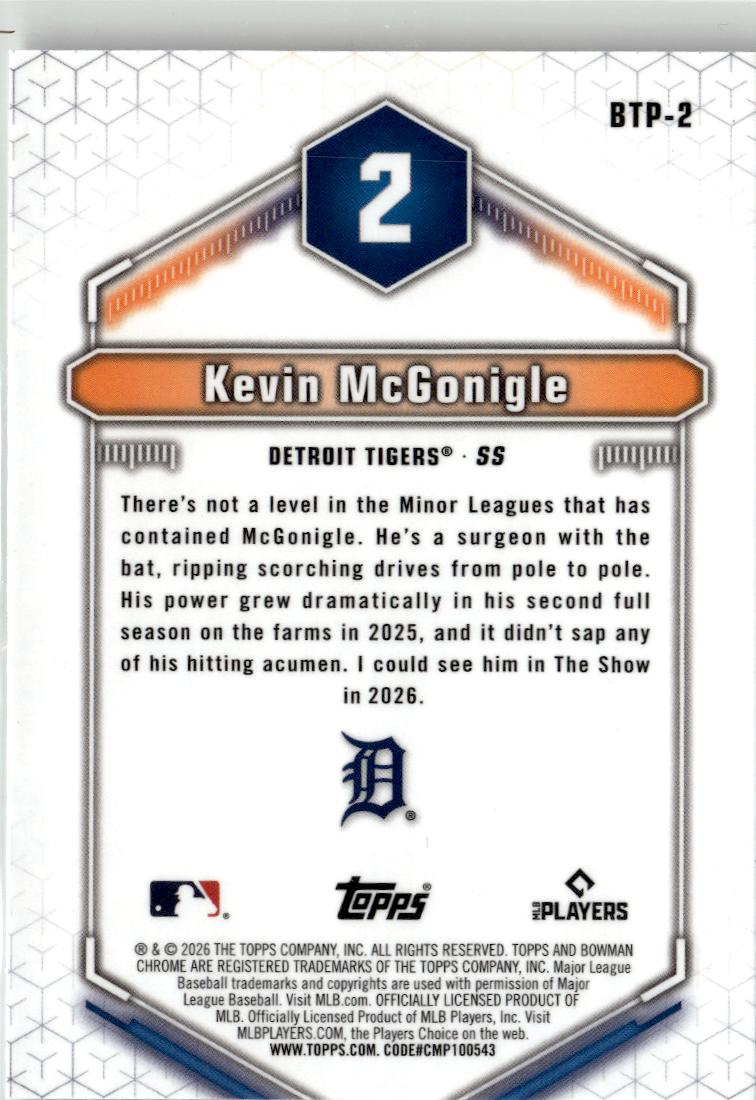 2026 Bowman Kevin McGonigle Bowman Scouts' Top 100 #BTP-2 Detroit Tigers