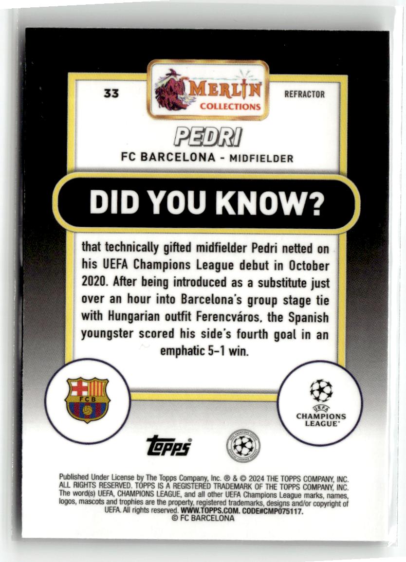 2023-24 Merlin UEFA Club Competitions Pedri Refractor #33 FC Barcelona