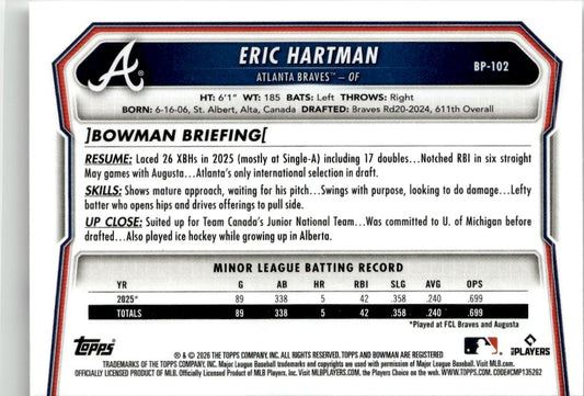 2026 Bowman Eric Hartman Prospects #BP-102 Atlanta Braves