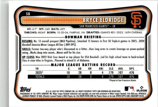 2026 Bowman Bryce Eldridge #58 San Francisco Giants