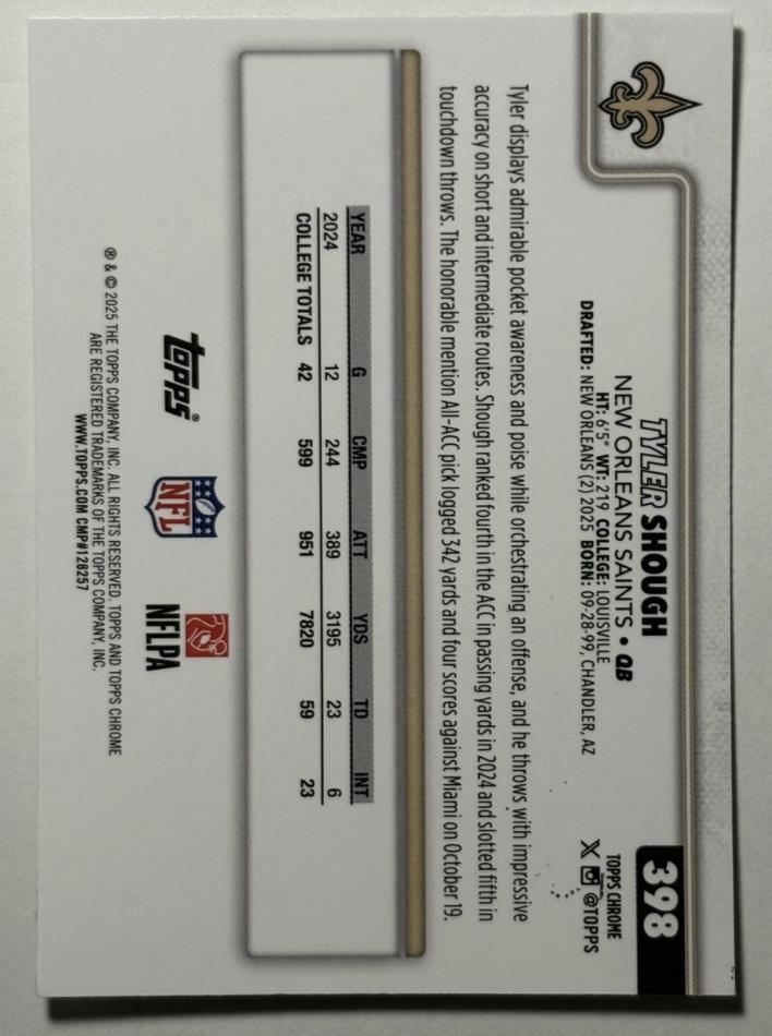 2025 Topps Chrome Tyler Shough #398 New Orleans Saints
