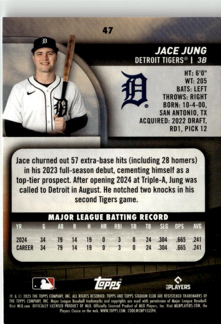 2025 Stadium Club Jace Jung #47 Detroit Tigers