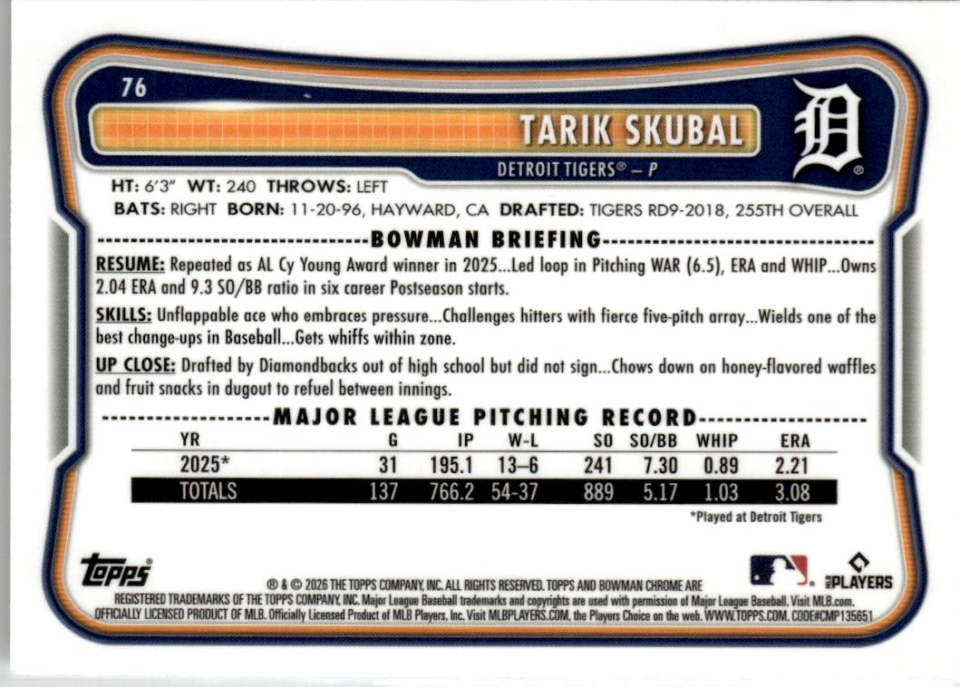 2026 Bowman Tarik Skubal Chrome Mojo Refractors #76 Detroit Tigers
