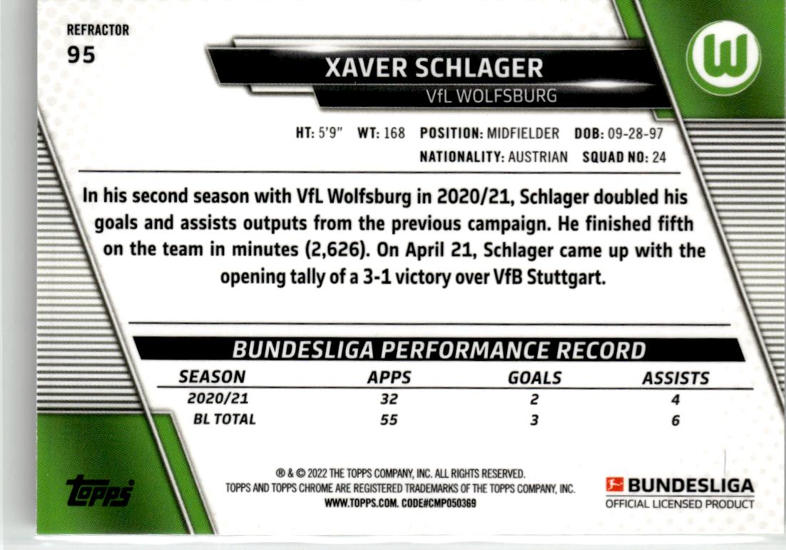 2021-22 Topps Chrome Bundesliga Xaver Schlager Refractors #95 VfL Wolfsburg