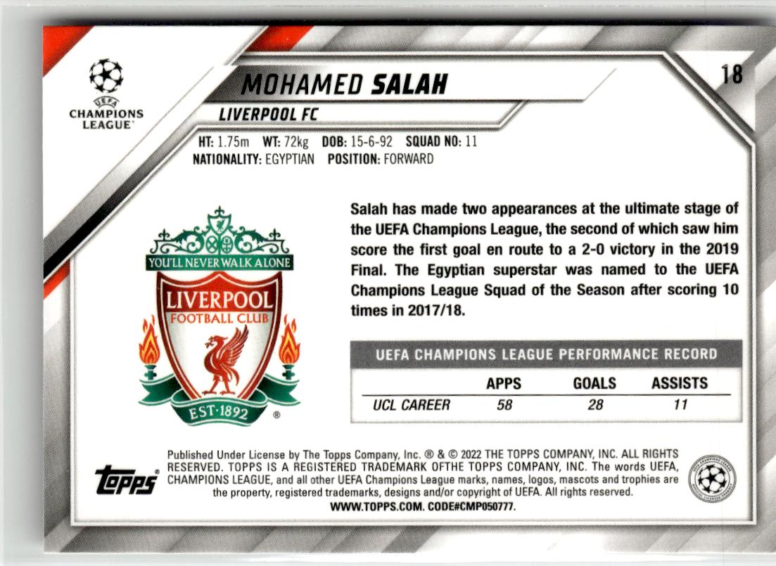 2021-22 Topps UEFA Champions League Mohamed Salah Sparkle Foil #18 Liverpool