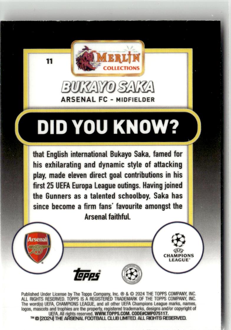 2023-24 Merlin UEFA Club Competitions Bukayo Saka #11 Arsenal FC