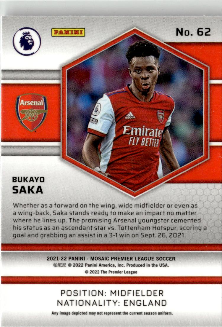 2021-22 Panini Mosaic Premier League Bukayo Saka #62 Arsenal FC