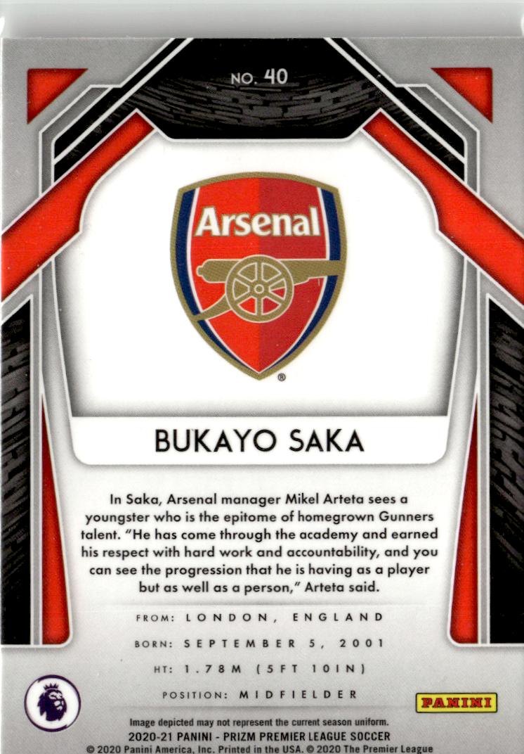 2020-21 Panini Prizm Premier League Bukayo Saka #40 Arsenal FC