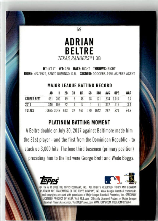 2018 Bowman Platinum Adrian Beltre Purple #69 Texas Rangers