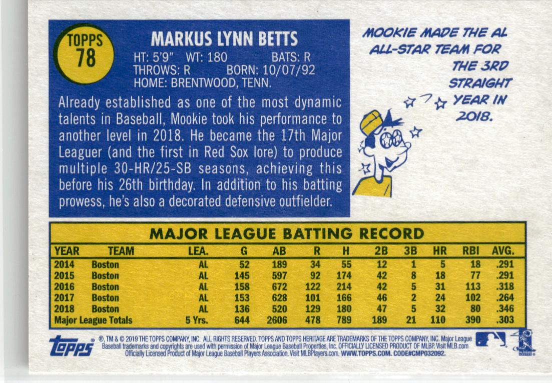 2019 Topps Heritage Mookie Betts #78 Boston Red Sox