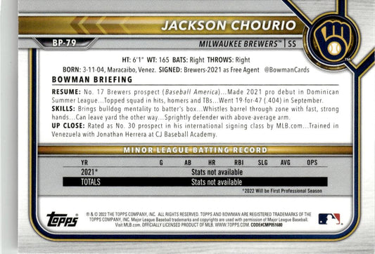 2022 Bowman 1st Edition Jackson Chourio #BPPF-79 Milwaukee Brewers