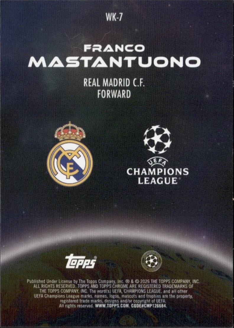 2025-26 Topps Chrome UEFA Club Competitions #WK-7 Franco Mastantuono Wonderkids