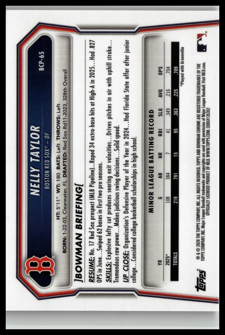 2026 Bowman #BCP-65 Nelly Taylor Chrome Prospects Reptilian Refractor