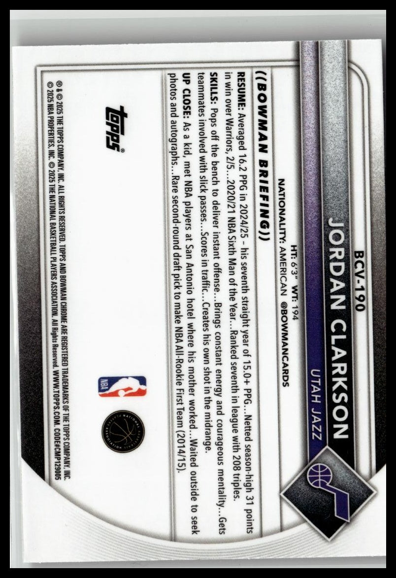 2025-26 Bowman #BCV-190 Jordan Clarkson Chrome Reptilian Refractors