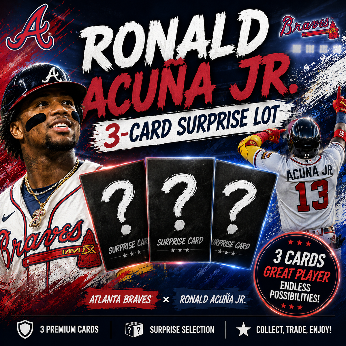 RONALD ACUNA, JR. - 3-Card Surprise Lot from Topps and/or Panini - (Atlanta Braves)