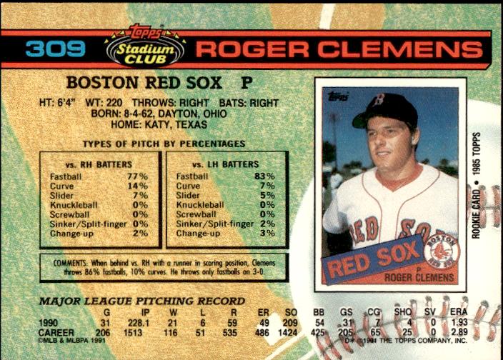 1991 Stadium Club #309a Roger Clemens