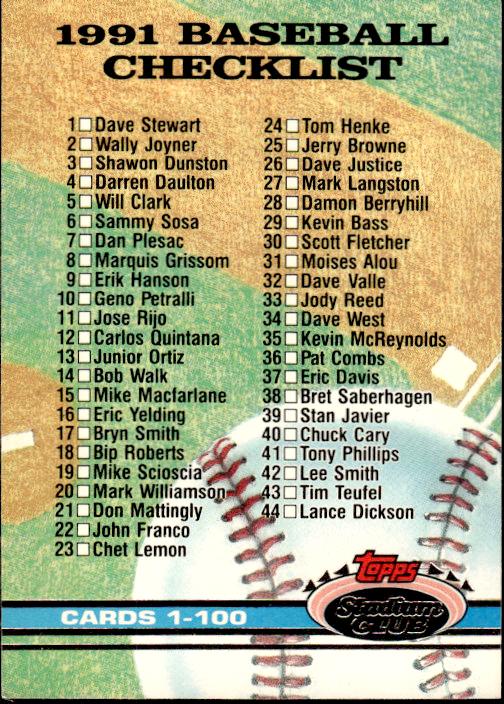 1991 Stadium Club #298a Checklist: 1-100