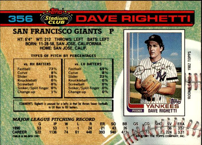 1991 Stadium Club #356 Dave Righetti