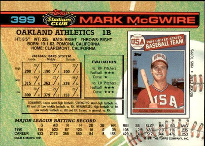 1991 Stadium Club #399a Mark McGwire