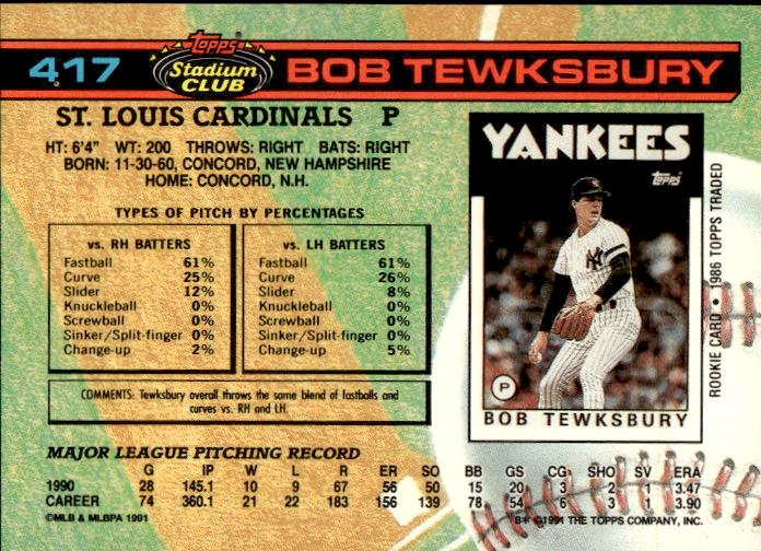 1991 Stadium Club #417a Bob Tewksbury