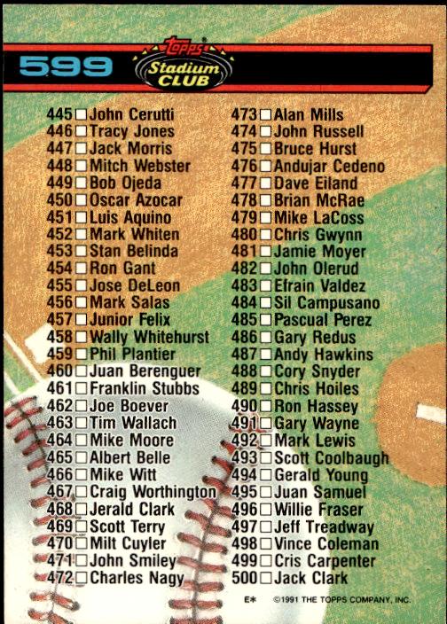 1991 Stadium Club #599a Checklist: 401-500