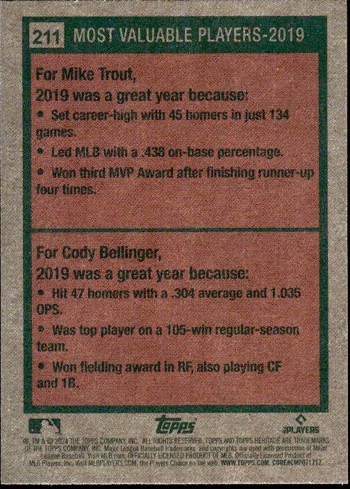 2024 Topps Heritage #211 2019 MVPs (Mike Trout / Cody Bellinger)