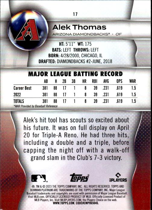 2023 Bowman Platinum #17 Alek Thomas #/50