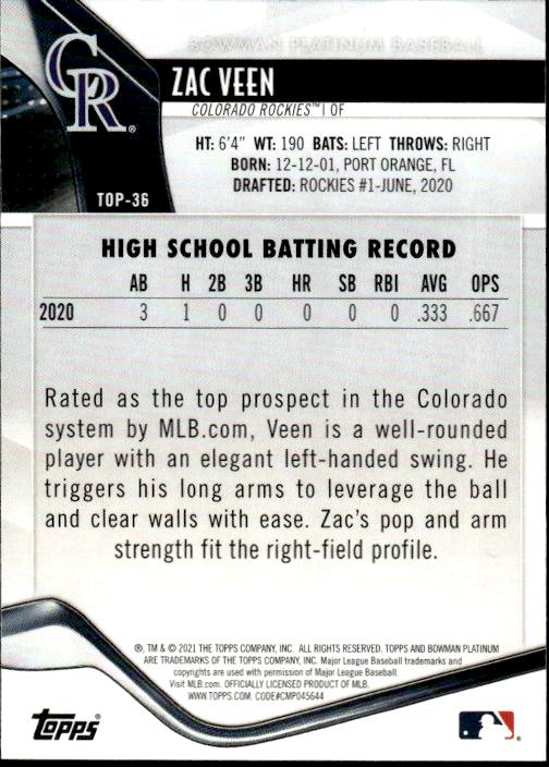 2021 Bowman Platinum #TOP-36 Zac Veen