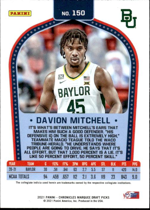 2021 Panini Chronicles Draft Picks #150 Davion Mitchell