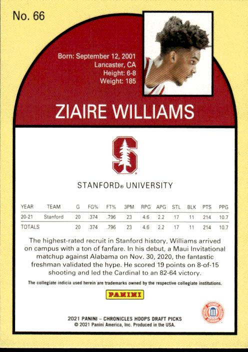 2021 Panini Chronicles Draft Picks #66 Ziaire Williams