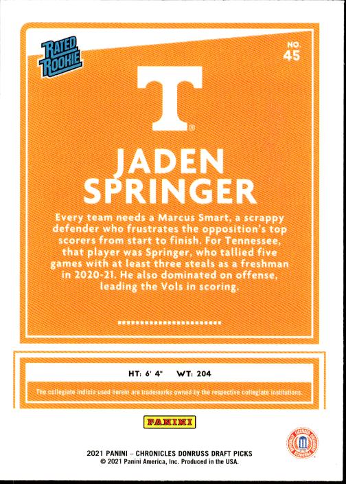 2021 Panini Chronicles Draft Picks #45 Jaden Springer