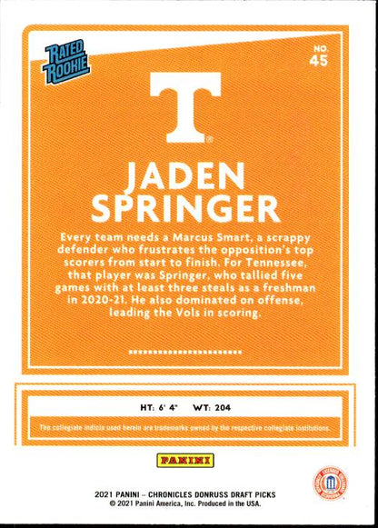 2021 Panini Chronicles Draft Picks #45 Jaden Springer