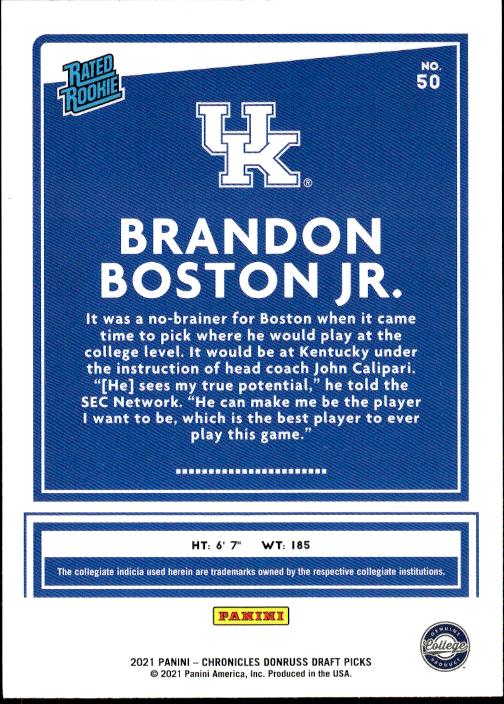 2021 Panini Chronicles Draft Picks #50 Brandon Boston Jr.