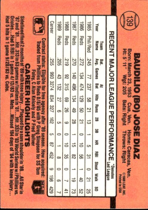 1990 Donruss #139a Bo Diaz