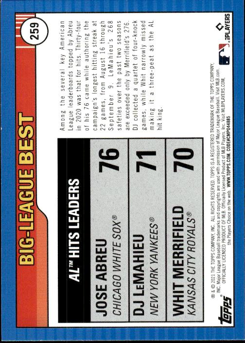 2021 Topps Big League #259 AL Hits Leaders (Jose Abreu / DJ LeMahieu / Whit Merrifield)