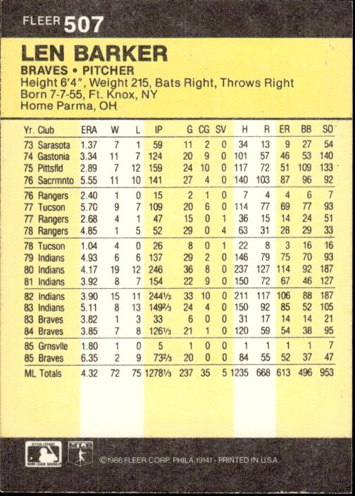 1986 Fleer #507 Len Barker