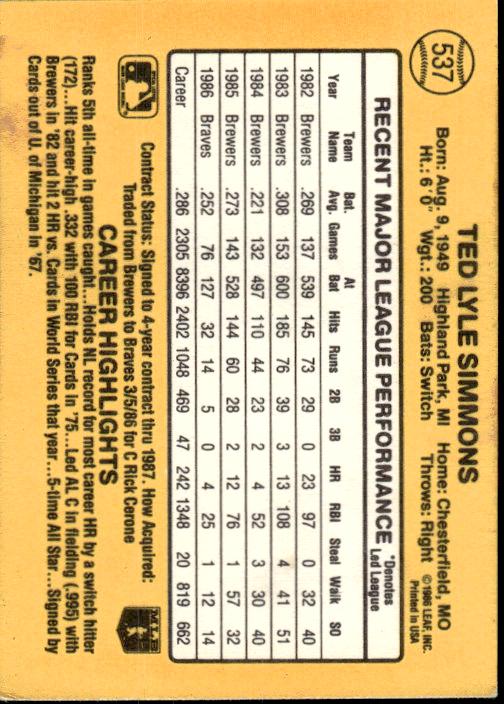 1987 Donruss #537 Ted Simmons