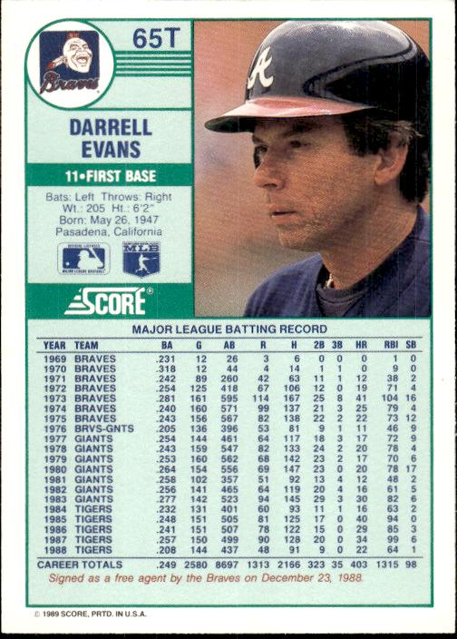 1989 Score Rookie & Traded #65T Darrell Evans