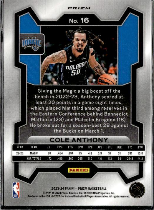 2023-24 Panini Prizm #16 Cole Anthony Prizms Red White and Blue