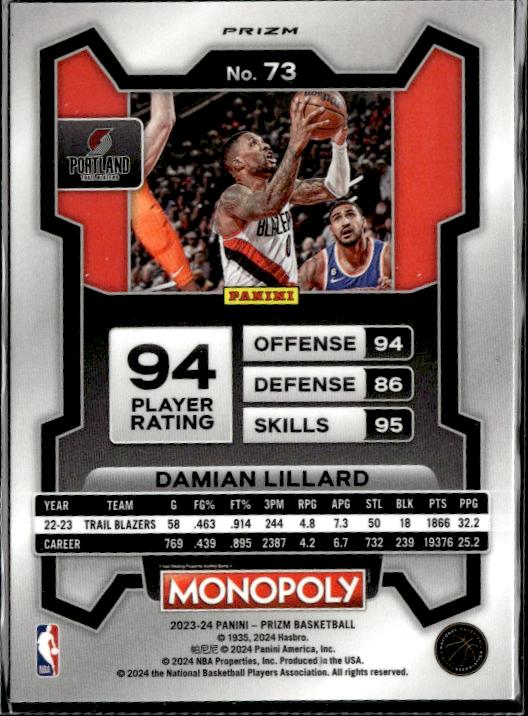 2023-24 Panini Prizm Monopoly #73 Damian Lillard Purple