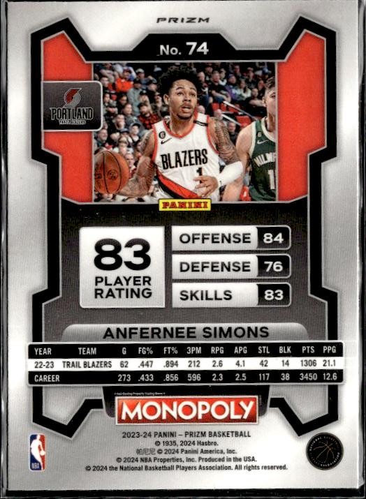 2023-24 Panini Prizm Monopoly #74 Anfernee Simons Purple