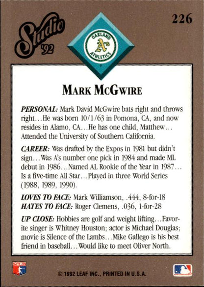 1992 Studio #226 Mark McGwire