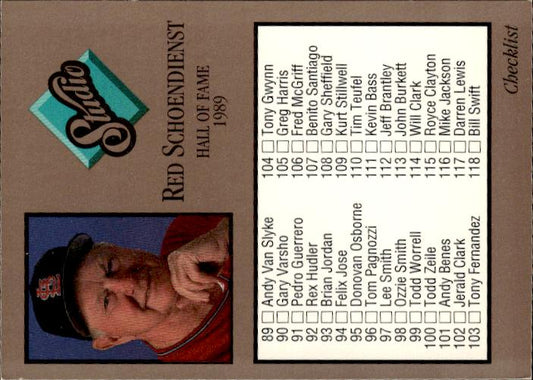 1992 Studio #262 Checklist (Red Schoendienst)