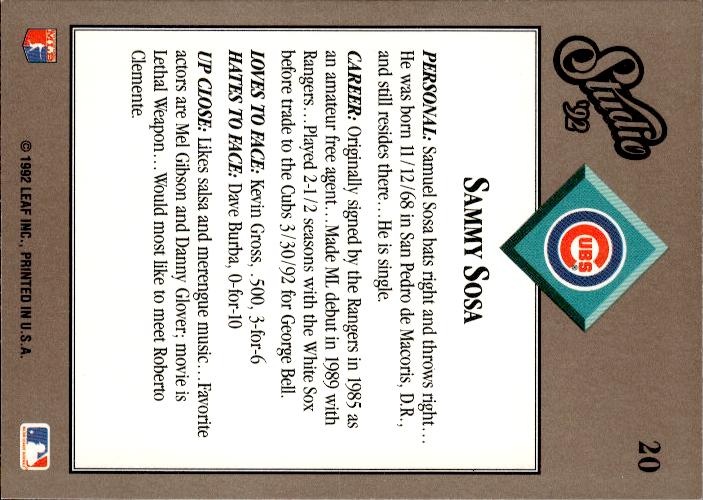 1992 Studio #20 Sammy Sosa