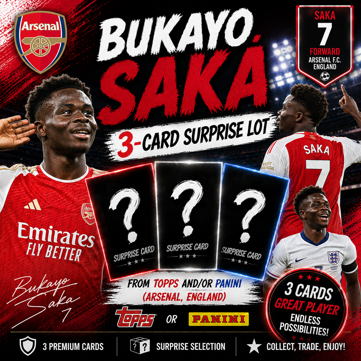 BUKAYO SAKA - 3-Card Surprise Lot from Topps and/or Panini - (Arsenal, England)
