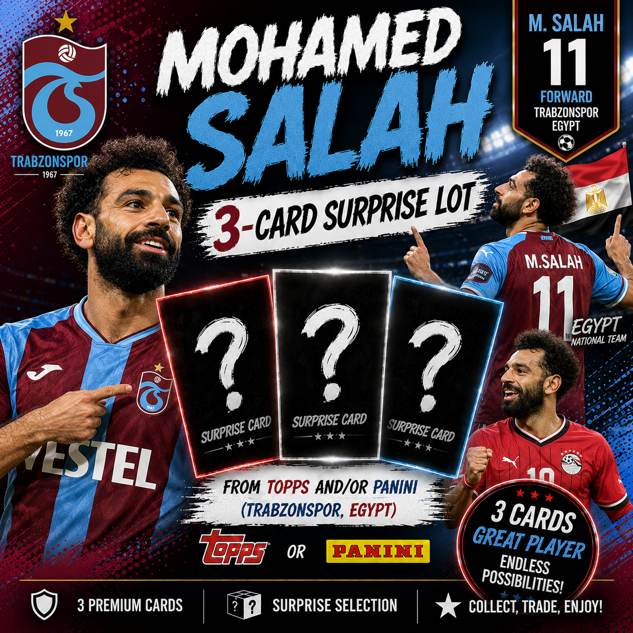 MOHAMED SALAH - 3-Card Surprise Lot from Topps and/or Panini - (Trabzonspor, Egypt)