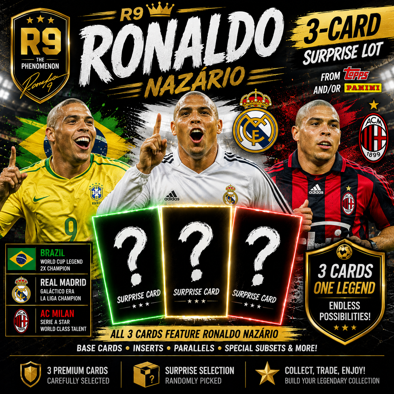 Ronaldo Nazário 3-Card Soccer Surprise Lot – Topps and/or Panini Trading Cards – Brazil, Real Madrid & AC Milan – Soccer Legend Collectible