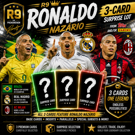 Ronaldo Nazário 3-Card Soccer Surprise Lot – Topps and/or Panini Trading Cards – Brazil, Real Madrid & AC Milan – Soccer Legend Collectible